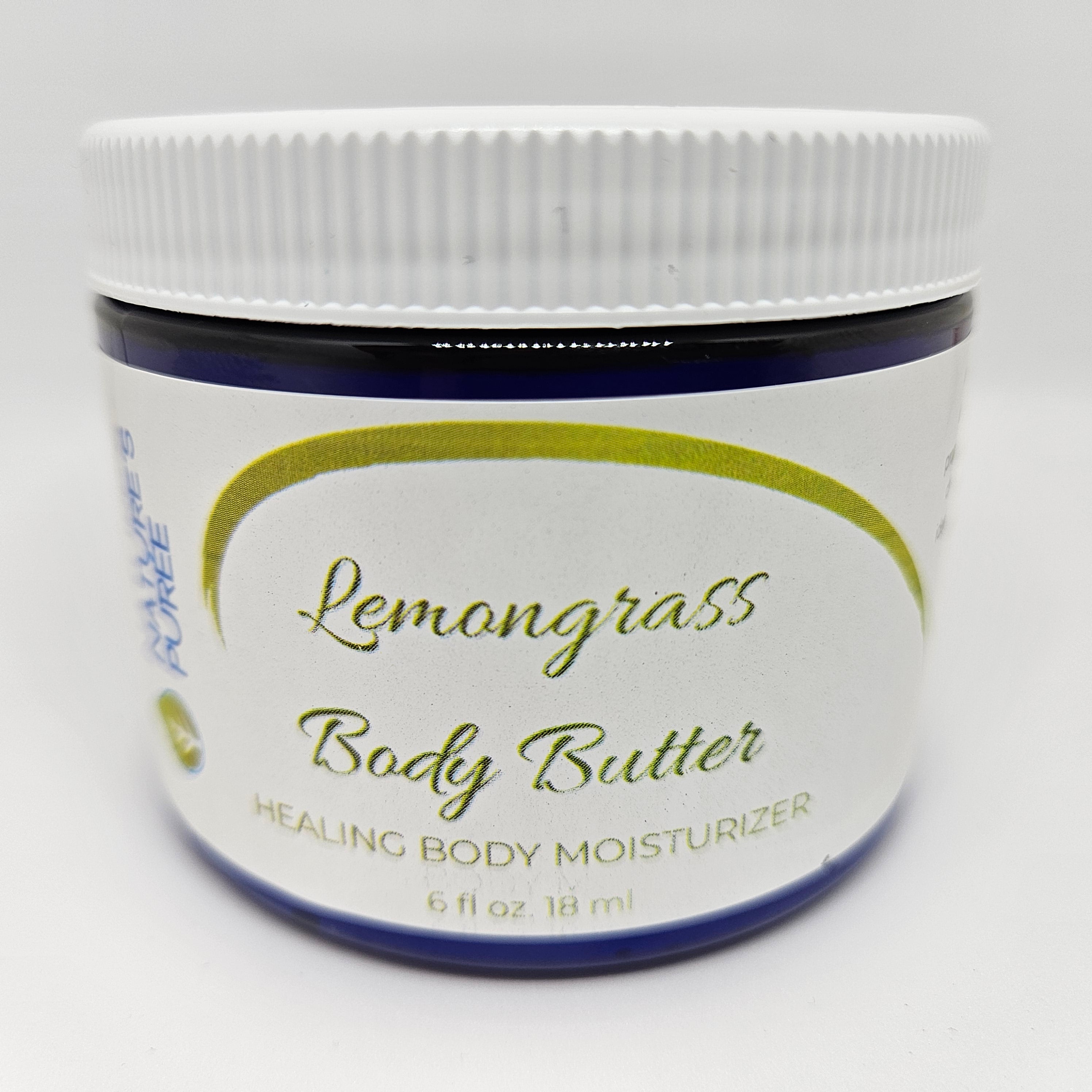 Jar of lemongrass body butter on a white background