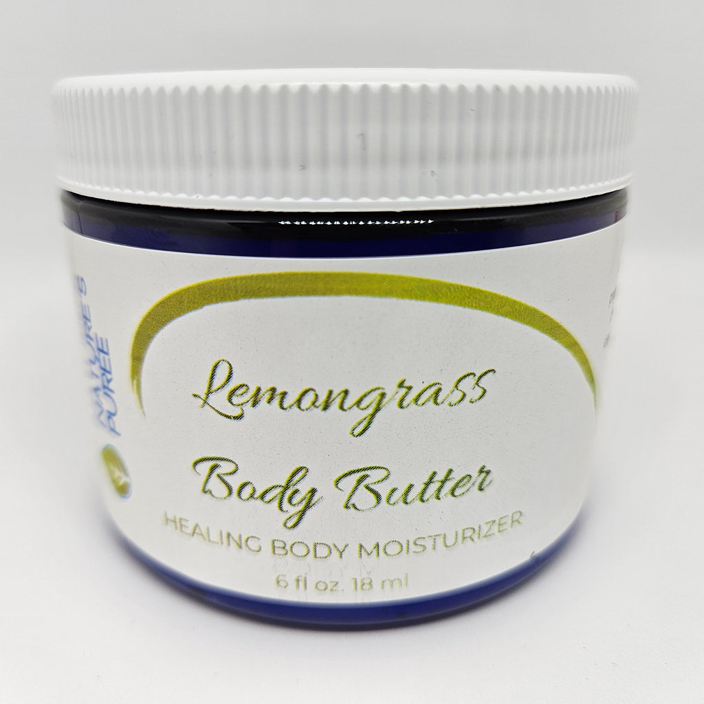 Jar of lemongrass body butter on a white background