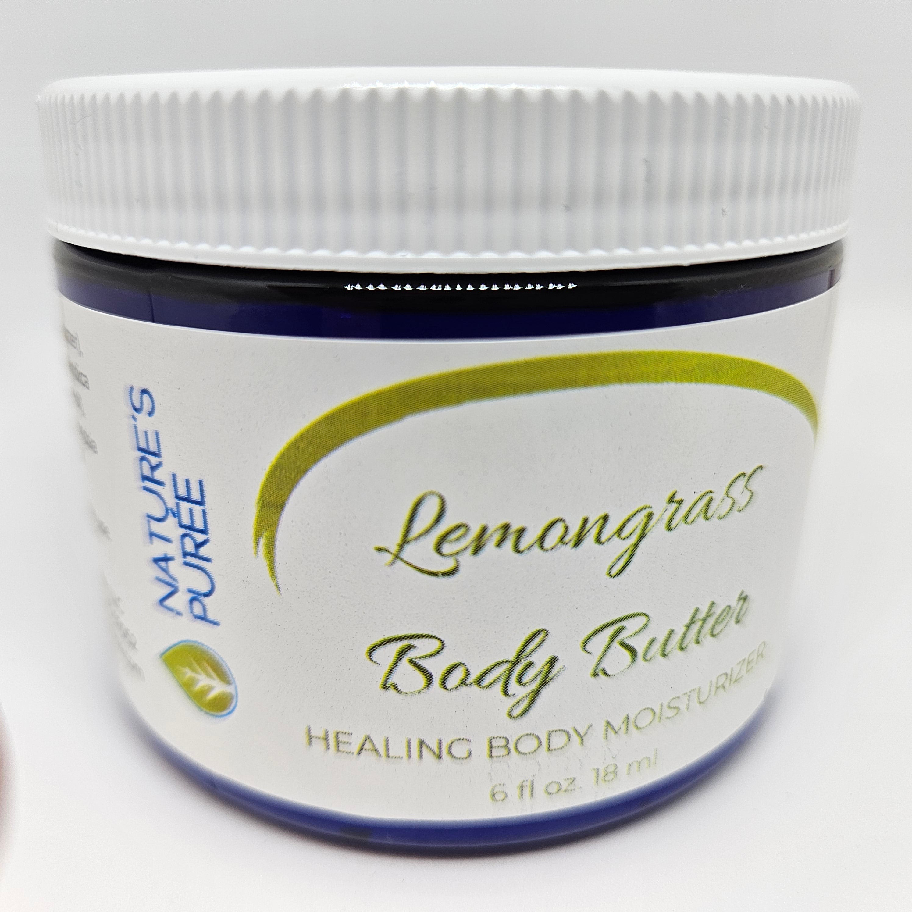 Jar of Lemongrass Body Butter with 'Nature's Puree' branding on a white background