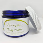 Load image into Gallery viewer, Jar of lemongrass body butter with a blue lid on a white background
