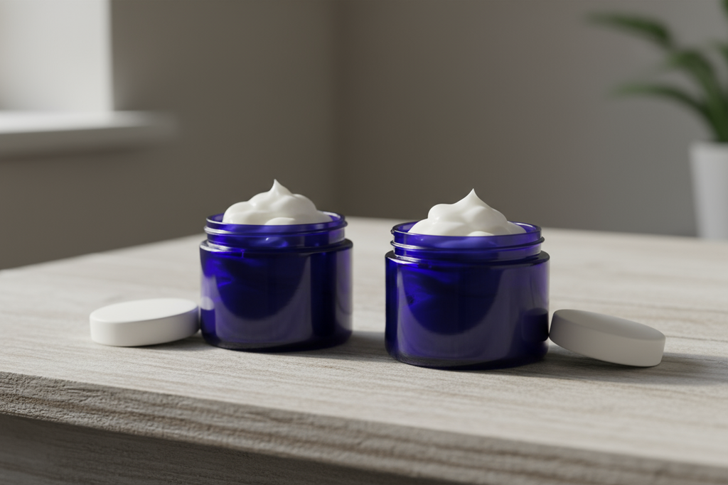 two jars of body butter, indigo colored jars, open top, white colored body whipped body butter, white colored top, no words and no label on the side of the jar, on top of a wooden table